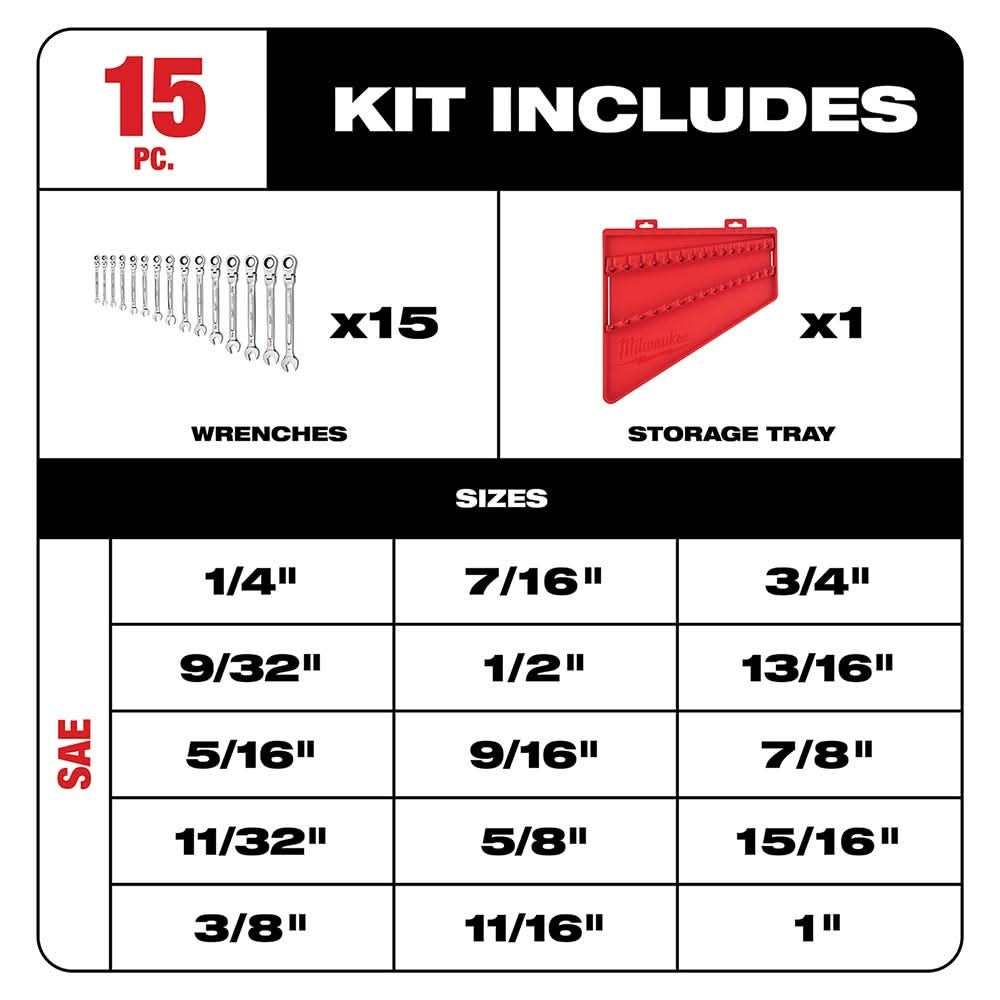 Milwaukee 48-22-9413 SAE Flex Head Ratcheting Combination Wrench, 15-Pieces