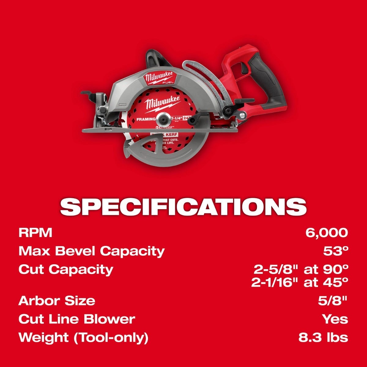 Milwaukee 2930-20 M18 FUEL 7-1/4-in. Rear Handle Circular Saw + M18 REDLITHIUM HIGH OUTPUT XC 6.0Ah Battery 2-Pack