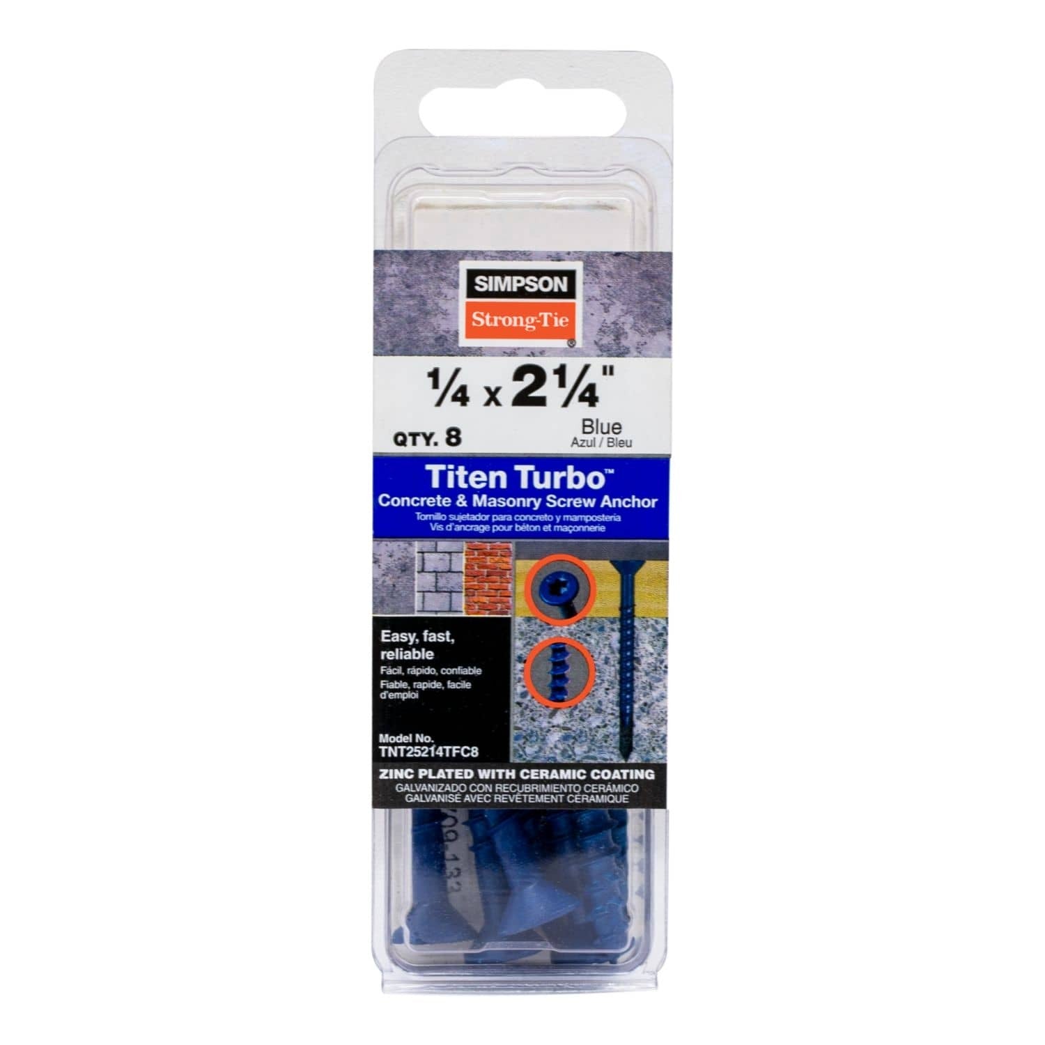 Simpson Strong-Tie TNT25214TF Titen Turbo, 1/4-in. x 2-1/4-in. 6-Lobe Flat-Head Concrete and Masonry Screw, Blue, 100-Pack