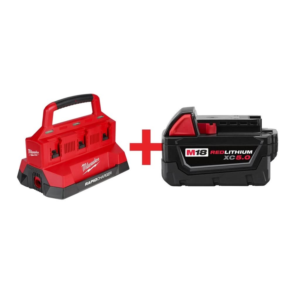 Milwaukee M18 PACKOUT 6-Bay Rapid Charger plus M18 REDLITHIUM XC 5.0Ah Battery Pack