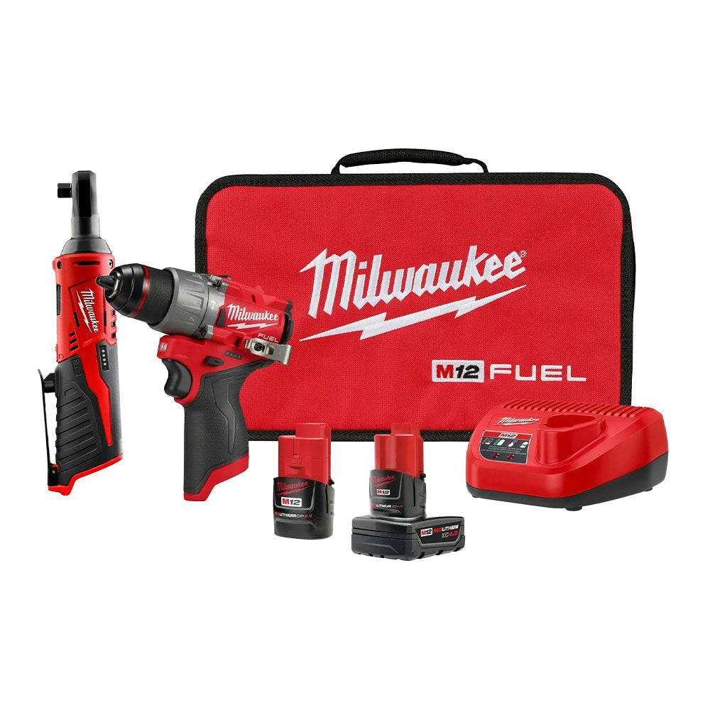 Milwaukee 3404-22 M12 FUEL 1/2-in. Hammer Drill/Driver with 3/8" Ratchet 2.0Ah / 4.0Ah Combo Kit