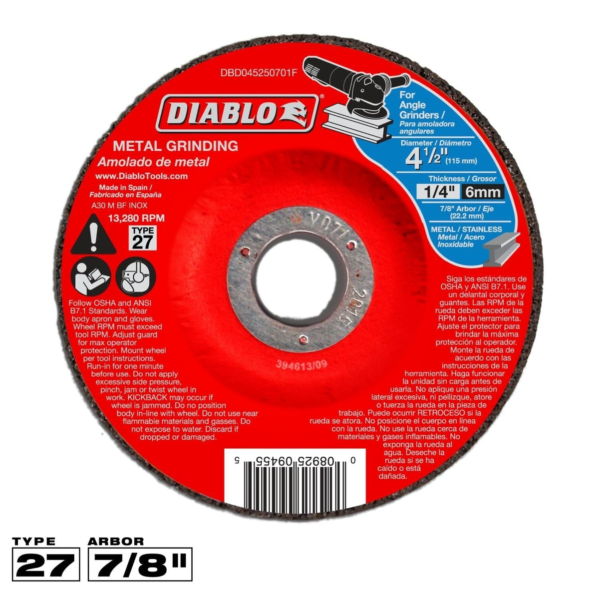 Diablo DBD045250701F 4-1/2 Inch Metal Grinding Disc - Type 27