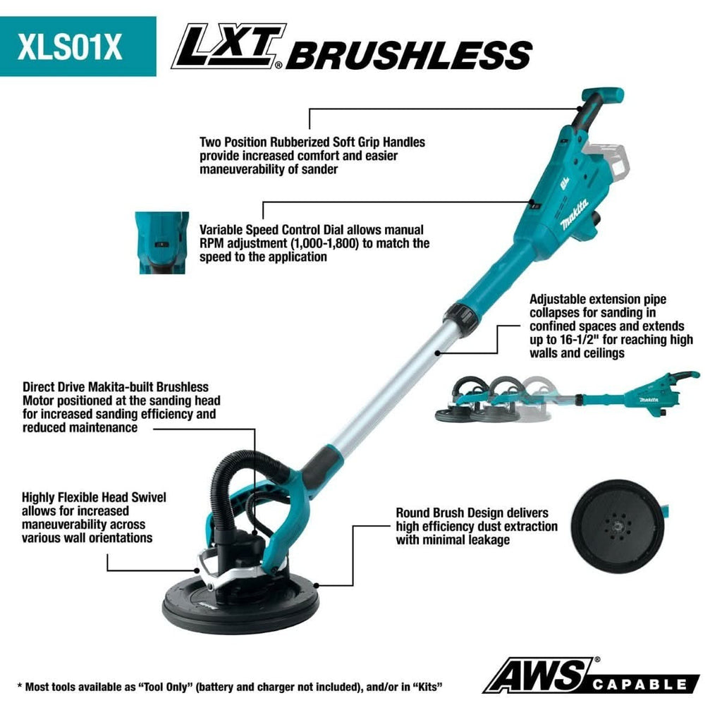 Makita XLS01ZX1 18V LXT Lithium-Ion Brushless Cordless 9" Drywall Sander, AWS Capable, Tool Only