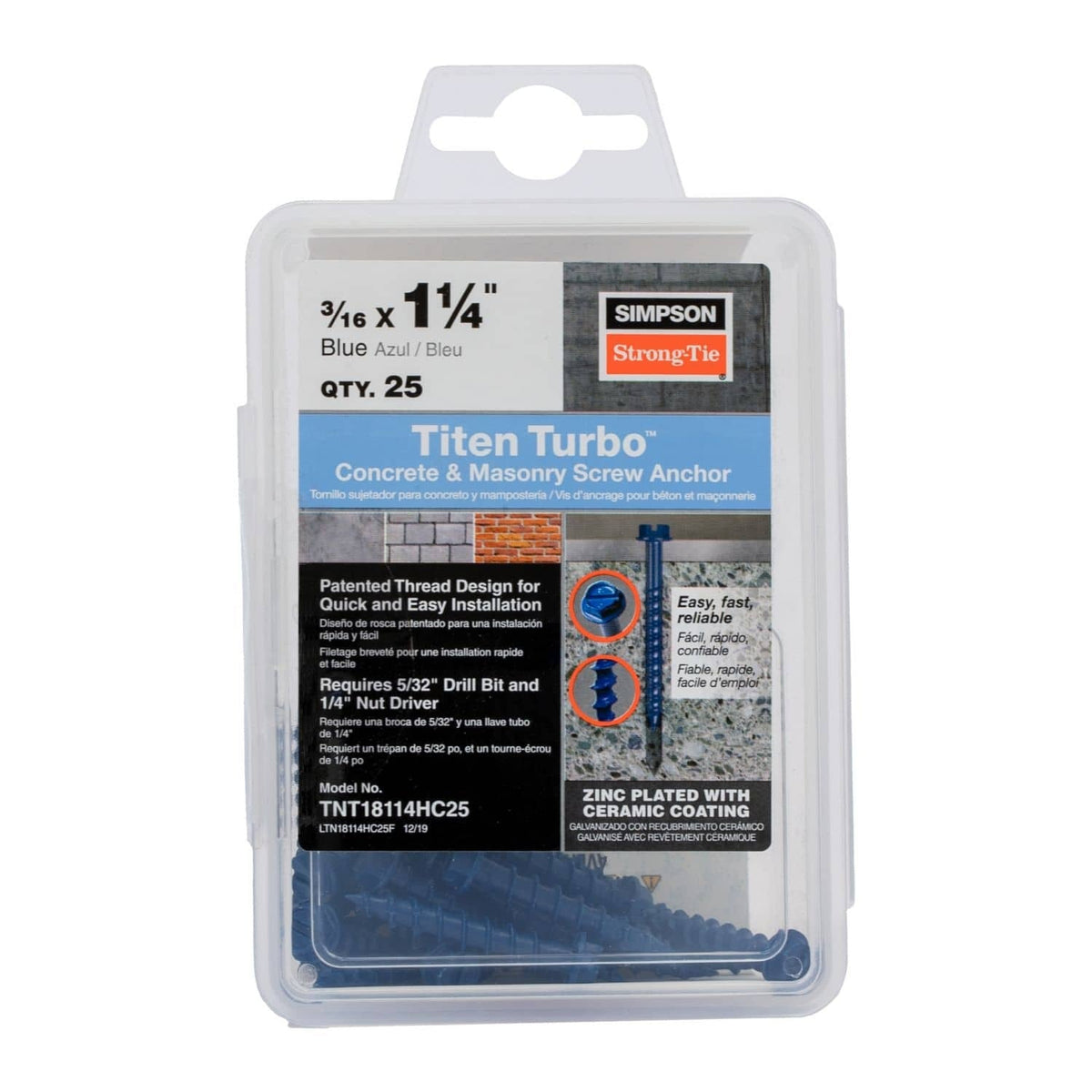 Simpson Strong-Tie TNT18114HC25 Titen Turbo, 3/16-in. x 1-1/4-in. Hex-Head Concrete and Masonry Screw, Blue, 25-Pack