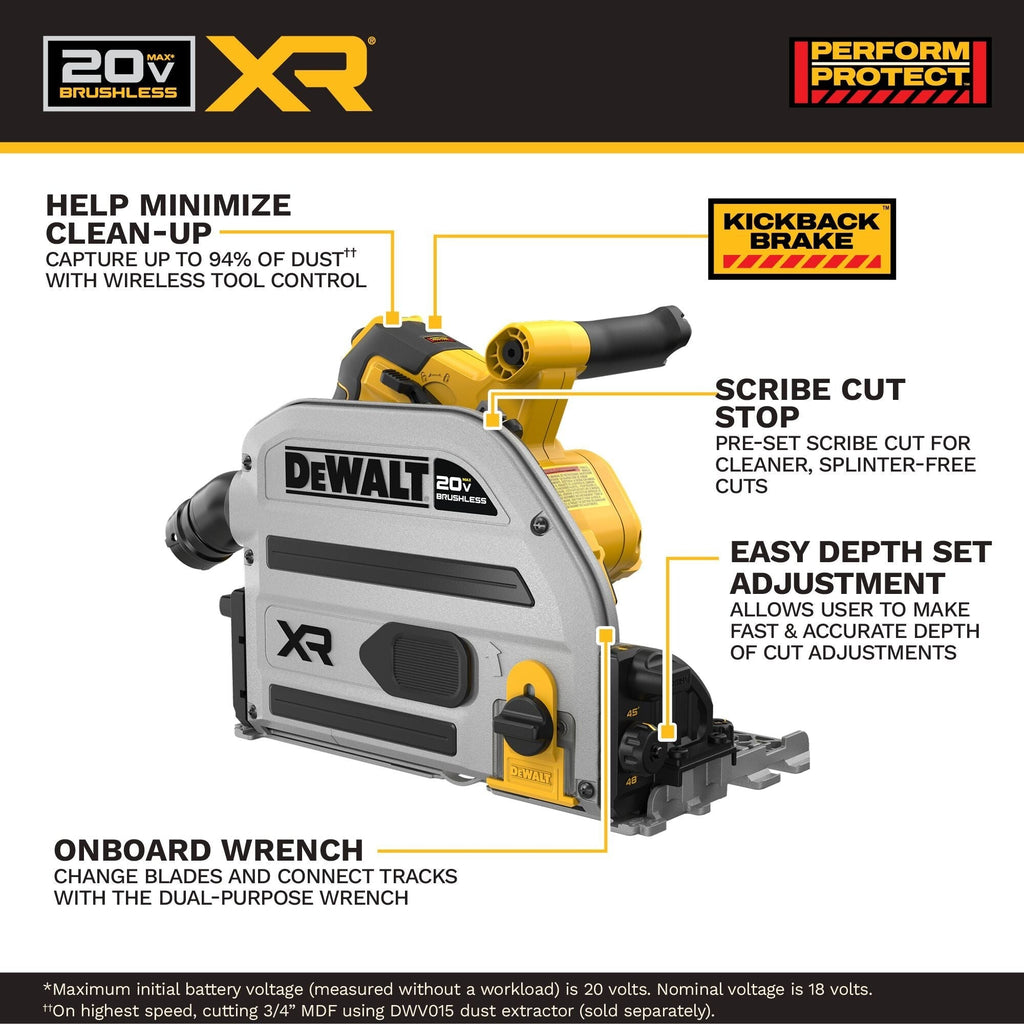 DEWALT 20V XR Cordless 6-1/2-in Track Saw + Guide Rail Track Bundle (DCS525ST)