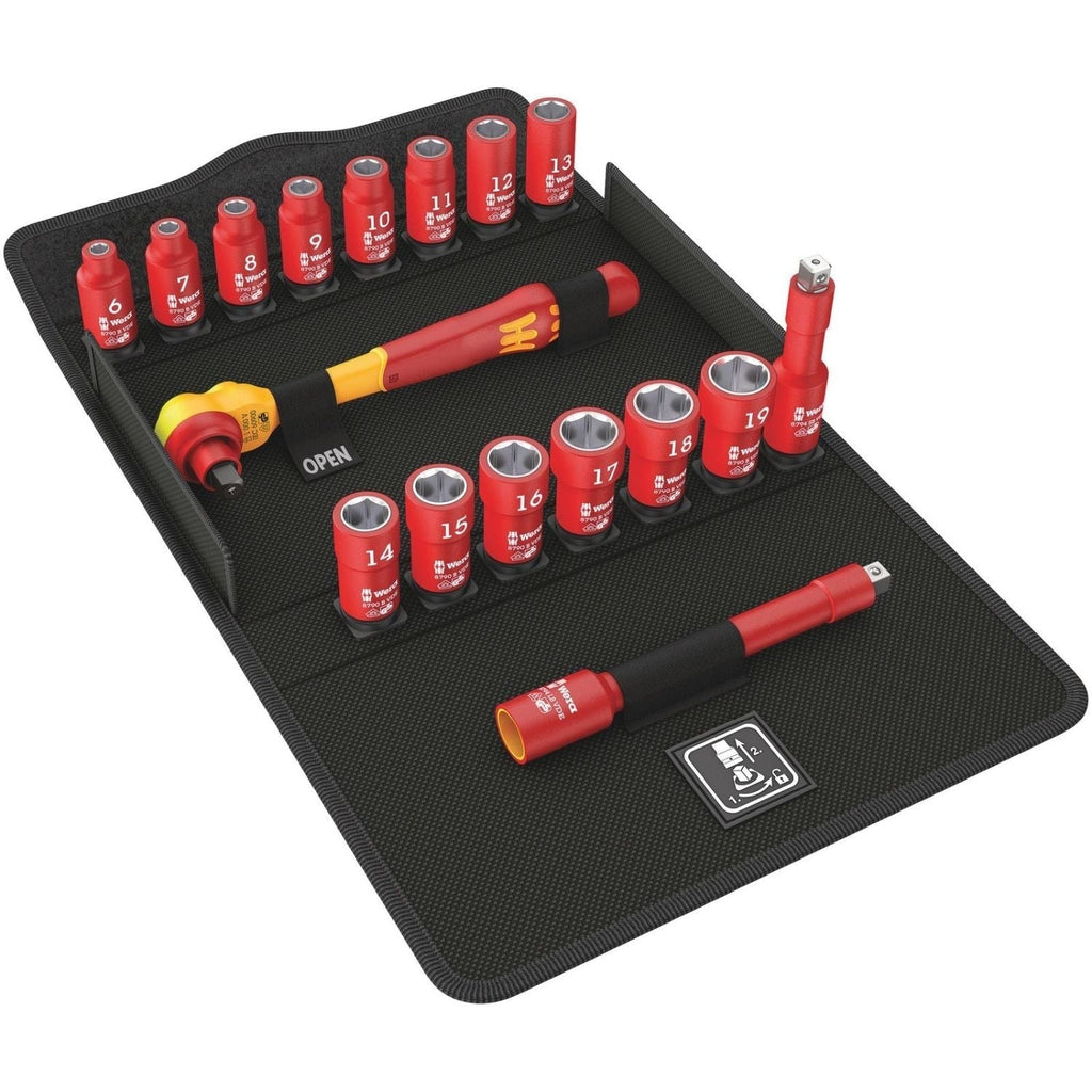 Wera 8100 SB VDE 1 Zyklop Ratchet Set, Insulated, Switch Lever, 3/8-in. Drive, Metric, 17-Pieces