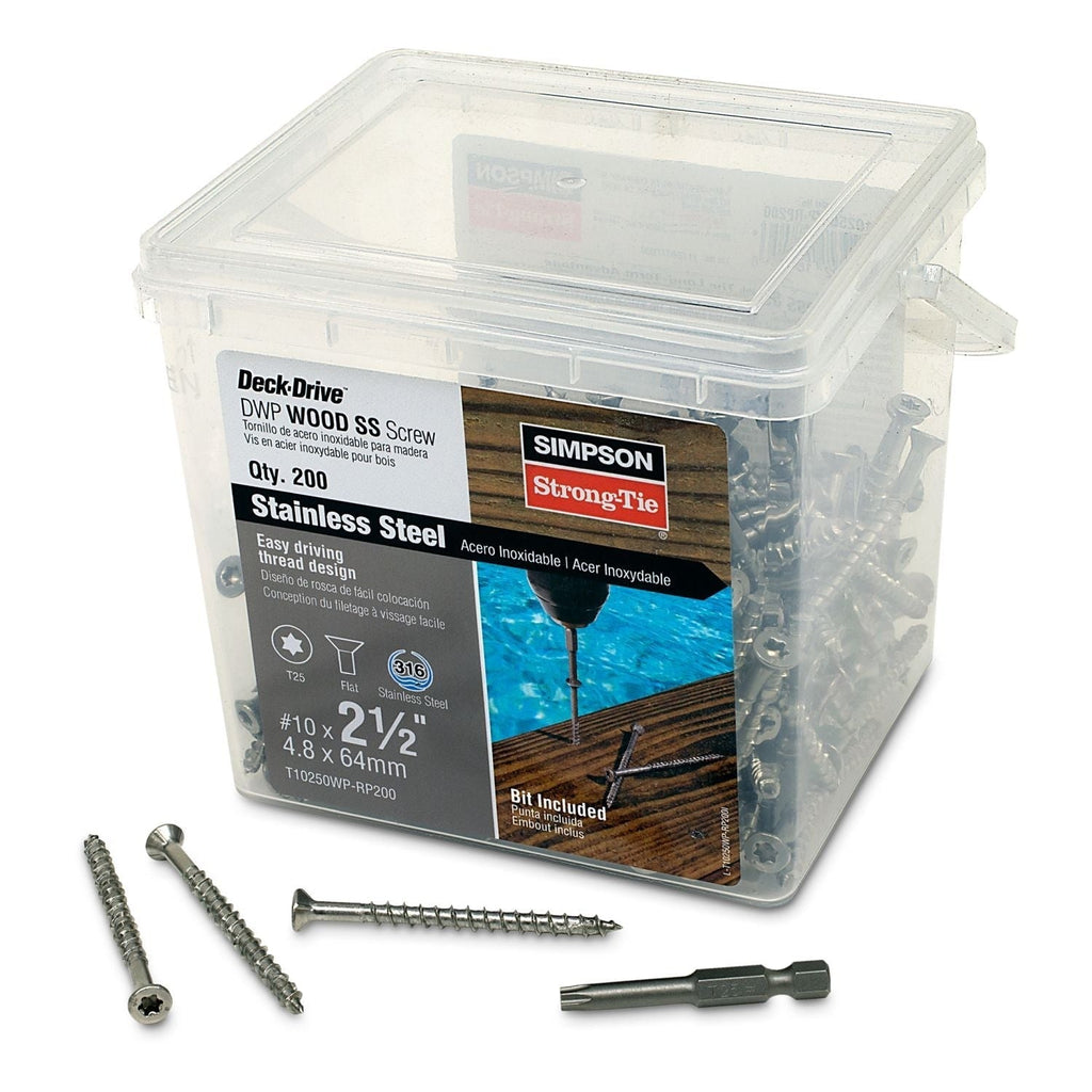 Simpson Strong-Tie T10250WP-RP200 Deck-Drive DWP WOOD SS Screw, #10 x 2-1/2-in. T25, Flat Head, Type 316, 200-Pack