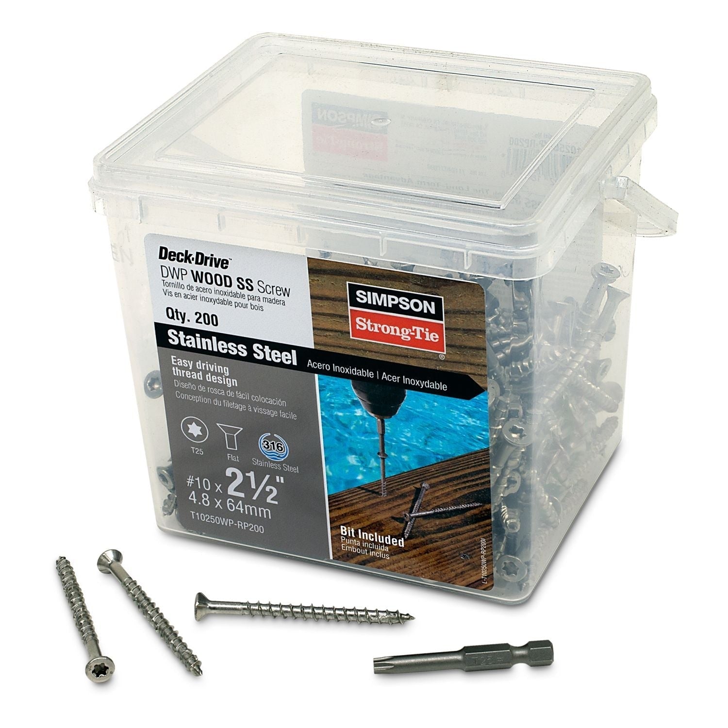 Simpson Strong-Tie T10250WP-RP200 Deck-Drive DWP WOOD SS Screw, #10 x 2-1/2-in. T25, Flat Head, Type 316, 200-Pack