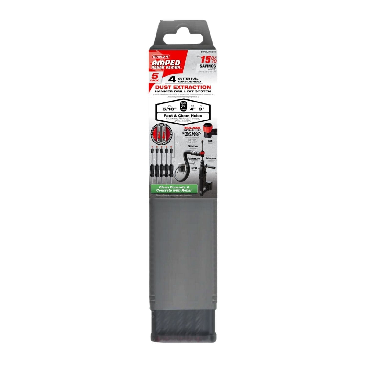 Diablo DMAPLA4410-S6 5/16-in. x 4"x 9-in. AMPED Rebar Demon SDS-Plus 4-Cutter Full Carbide Head Dust Extraction Hammer Drill Bit, 5-Pack