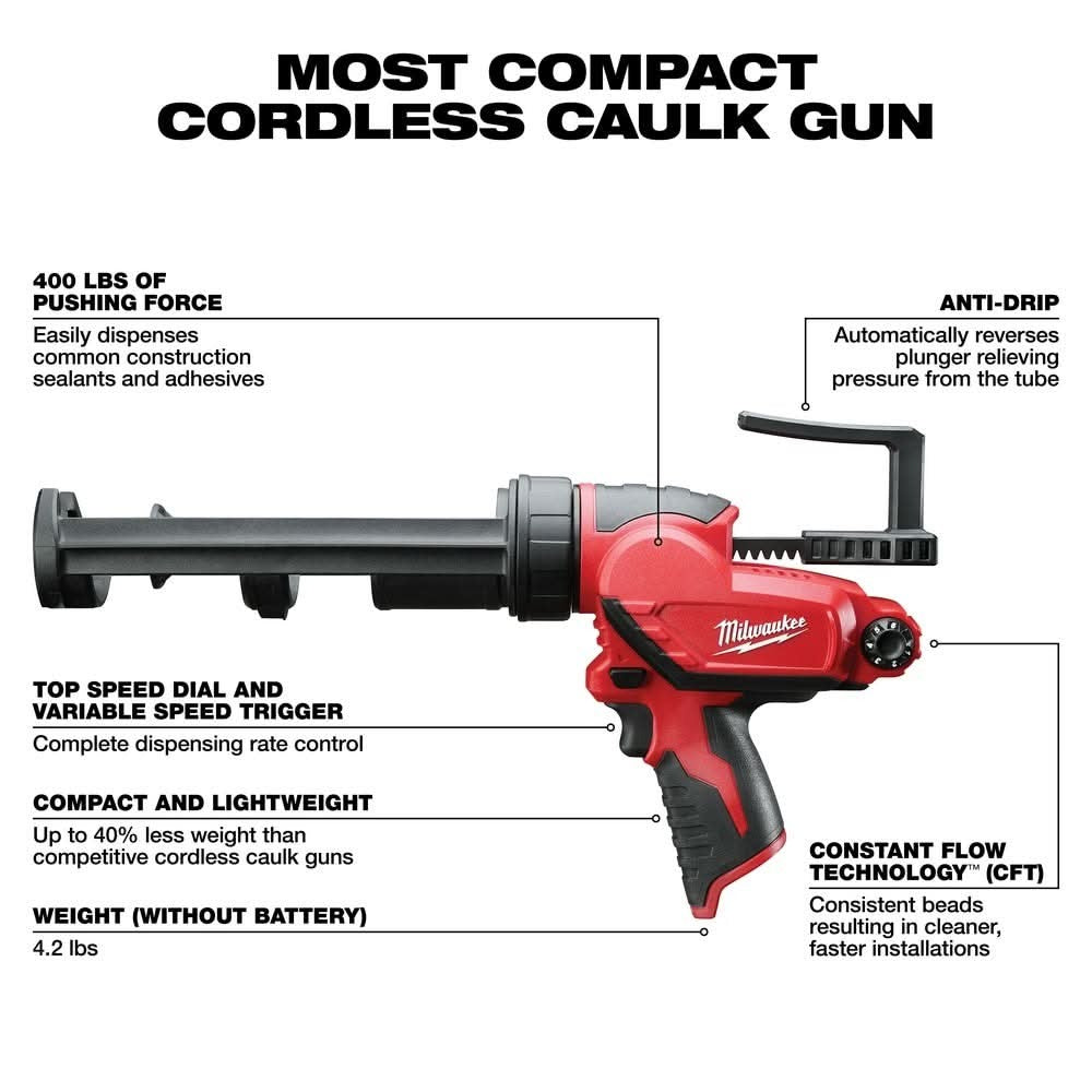 Milwaukee 2441-20 M12 10oz. Caulk and Adhesive Gun w/ XC 4.0Ah Extended Capacity Battery