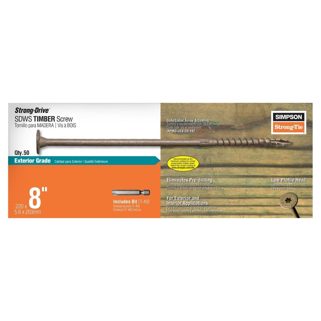 Simpson Strong-Tie Strong-Drive SDWS Timber Exterior Grade Screw, 0.220-in. x 8-in. T40, Tan, 50-Pack (SDWS22800DB-R50)