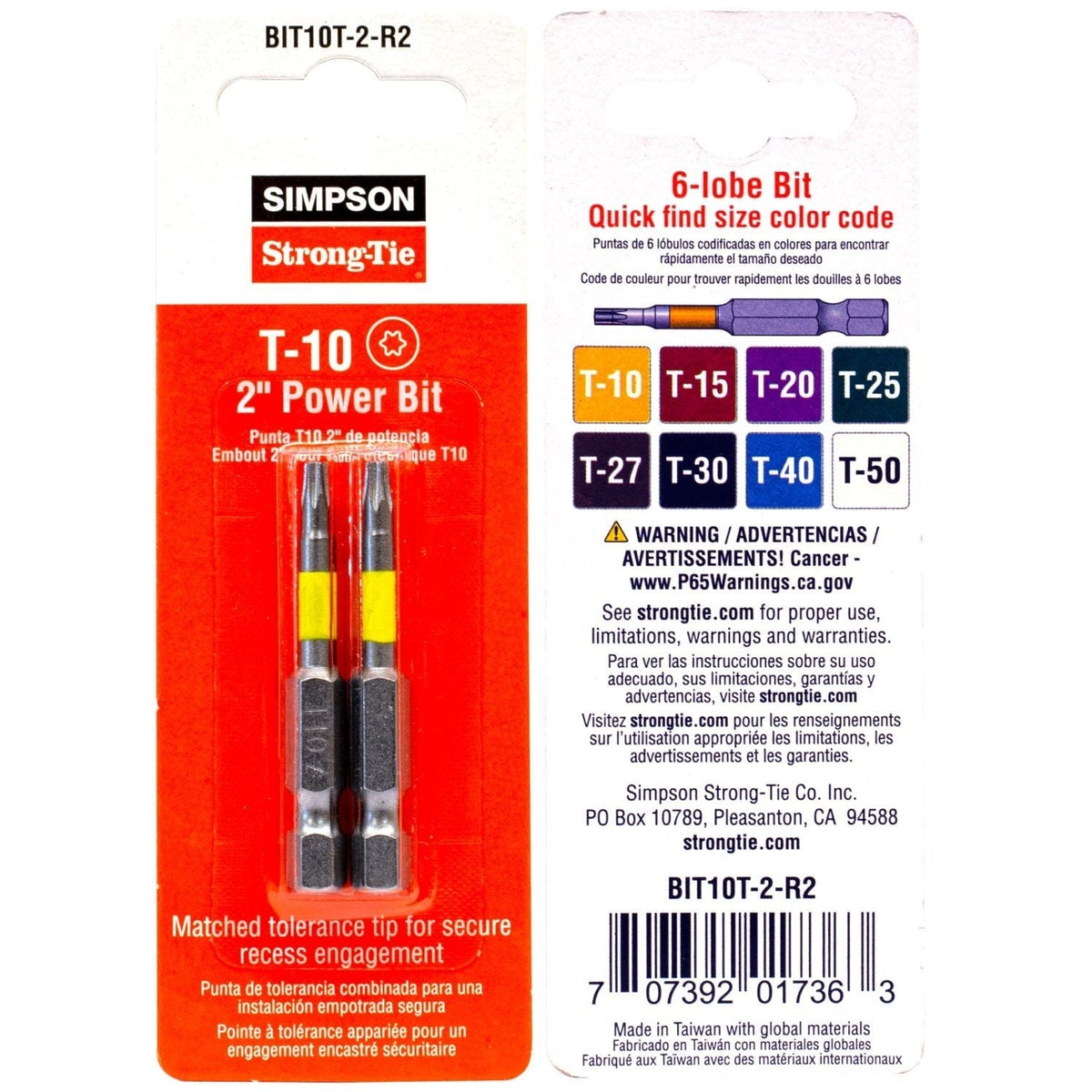 Simpson Strong-Tie BIT10T-2-R2 T10 6-Lobe-Drive 2-in. Power Bit, 2-Pack