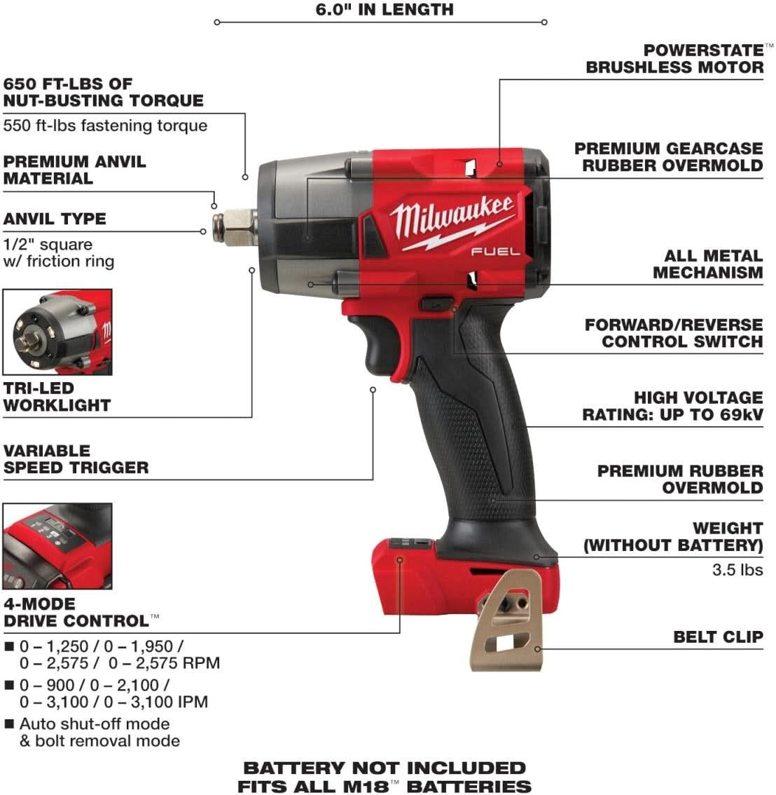 Milwaukee 2962-20 M18 FUEL 1/2-Inch Mid-Torque Impact Wrench with Friction Ring, Tool Only (PROMO)