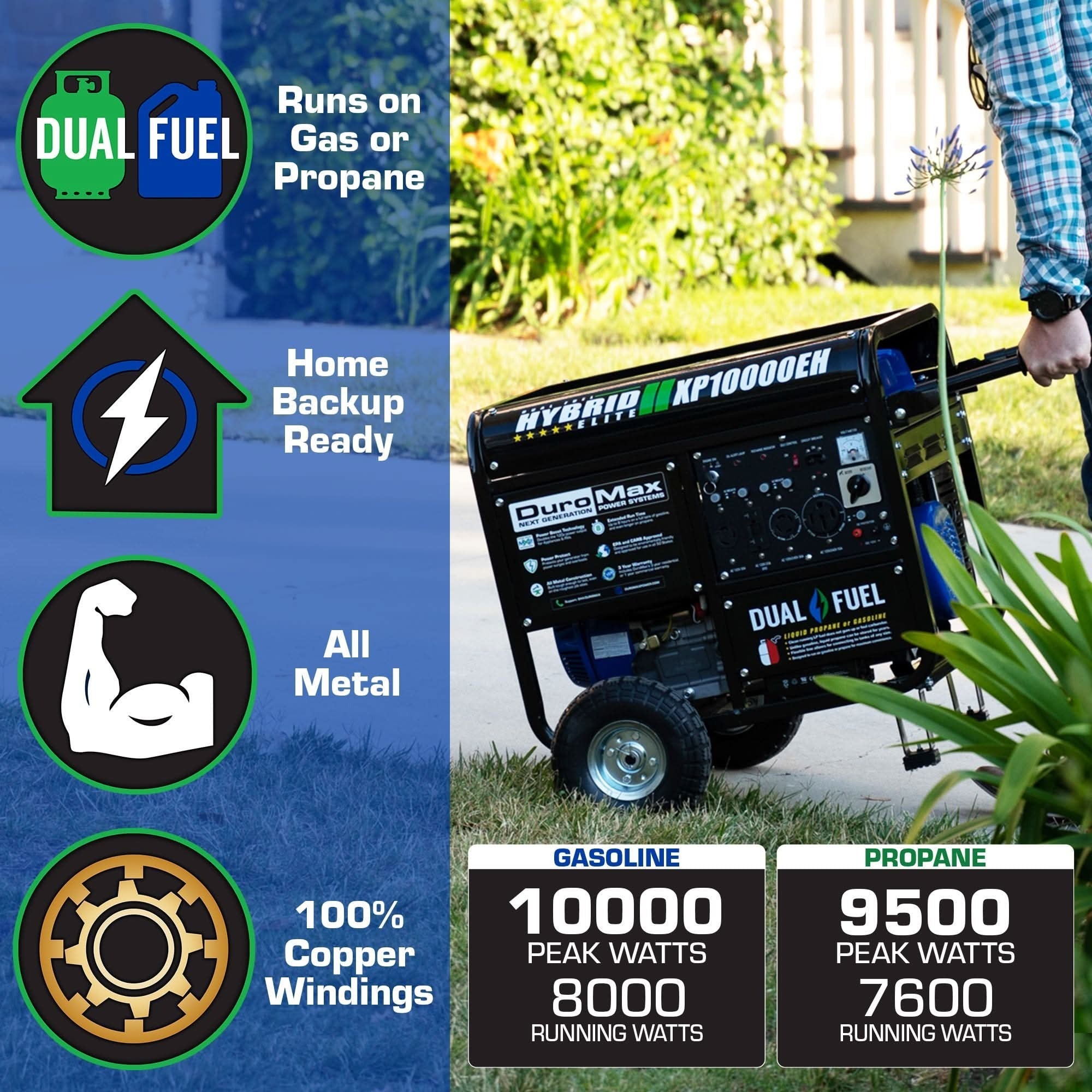 DuroMax XP10000EH 10,000-Watt 439cc Electric Start Dual Fuel Hybrid Portable Generator