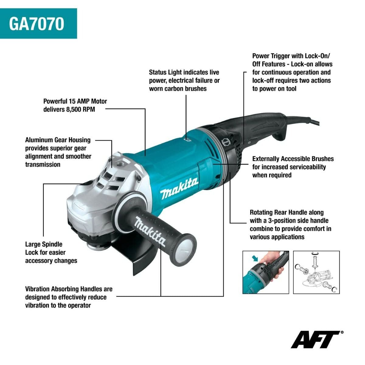 Makita GA7070X1 Corded 7" Angle Grinder, with AFT and Brake