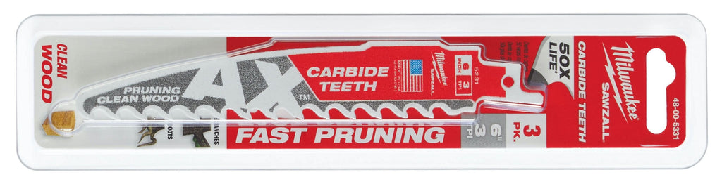 Milwaukee 48-00-5331 6-Inch 3-TPI The AX with Carbide Teeth for Pruning & Clean Wood SAWZALL Reciprocating Saw Blade, 3-Pack