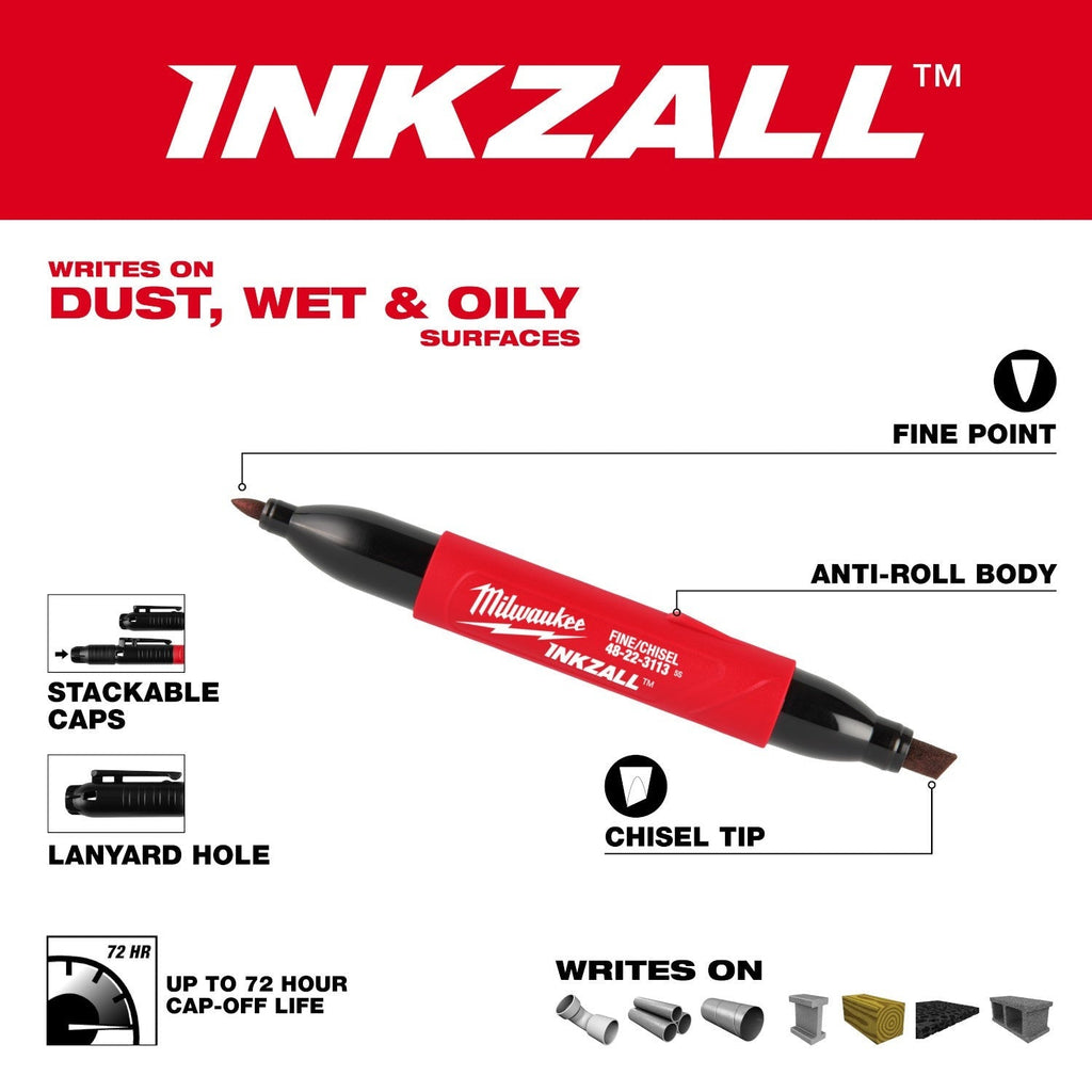 Milwaukee 48-22-3113 INKZALL Double-Sided Black Fine Point & Chisel Tip Jobsite Marker