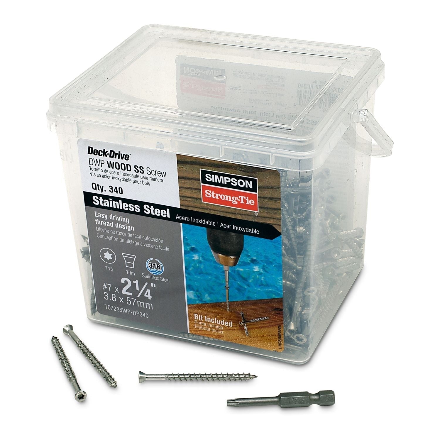 Simpson Strong-Tie T07225WP-RP340 Deck-Drive DWP WOOD SS Screw, #7 x 2-1/4-in. T-15, Trim Head, Type 316, 340-Pack