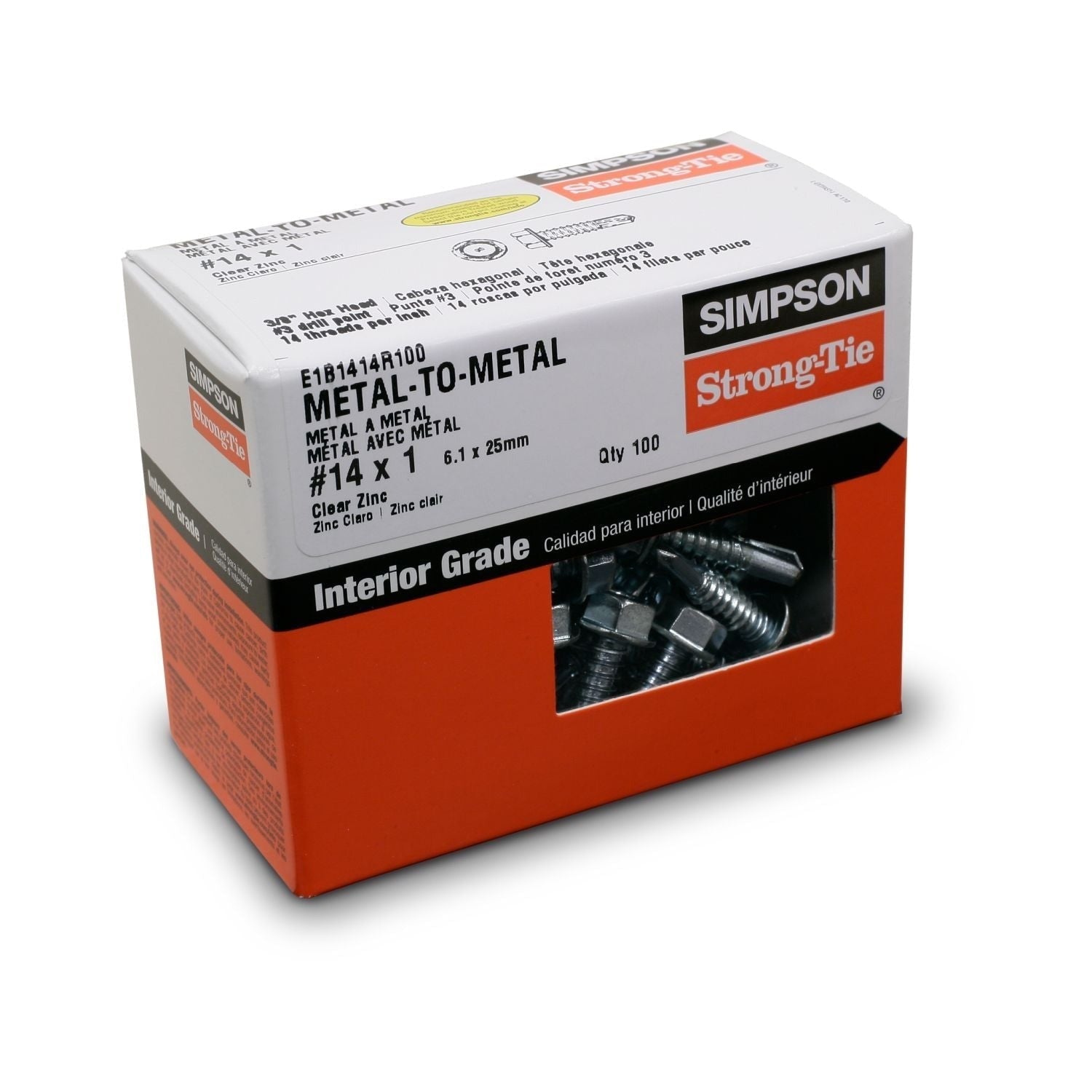 Simpson Strong-Tie E1B1414R100 Self-Drilling E Metal Screw, #14 x 1-in. 3/8-Hex, Clear Zinc, 100-Pack