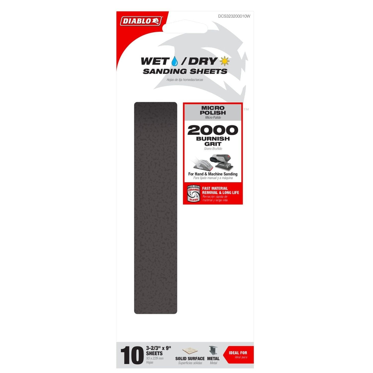 Diablo DCS323200010W Wet/Dry 1/3 Sheet (3-2/3 in x 9-inch) 2000-Grit (Micro Polish) Sanding Sheet, 10-Piece