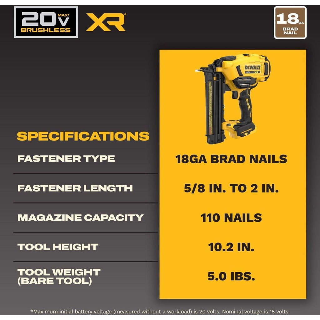 DeWALT DCN210B 20V MAX XR 18Ga Brad Nailer w/ (1) 3.5Ah POWERSTACK Battery & Charger