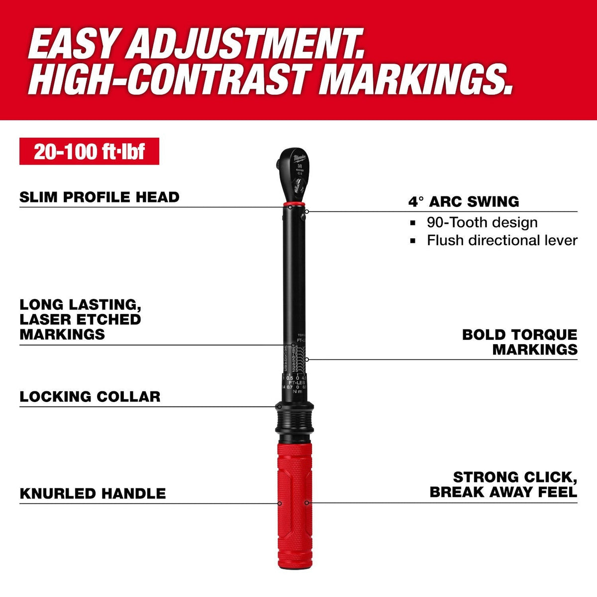 Milwaukee 48-22-9202 3/8-in. Drive Click Torque Wrench, 20-100 ft·lb
