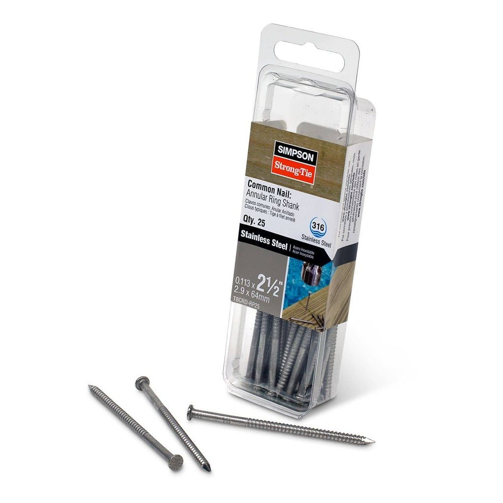 Simpson Strong-Tie T8CRD-RP25 Cedar and Redwood Decking Nail, 2-1/2-in. x .113-in. Type 316 Stainless Steel, 25-Pack