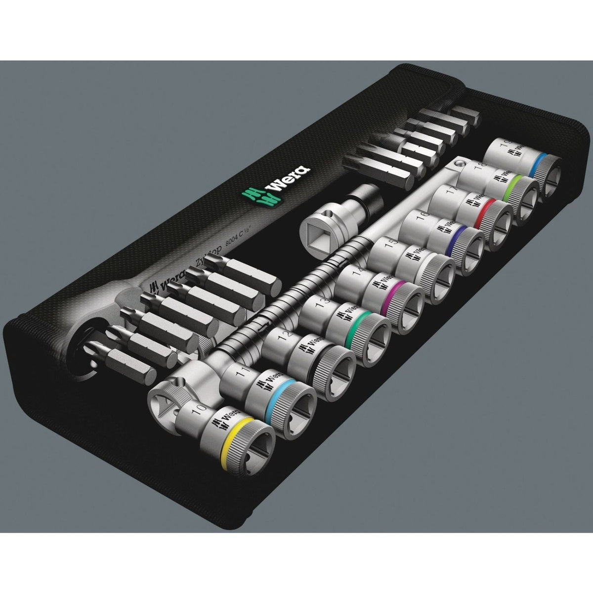 Wera 8100 Sc 8 Zyklop Metal Ratchet Set With Switch Lever, 1/2-in. Drive, Metric, 28-Pieces