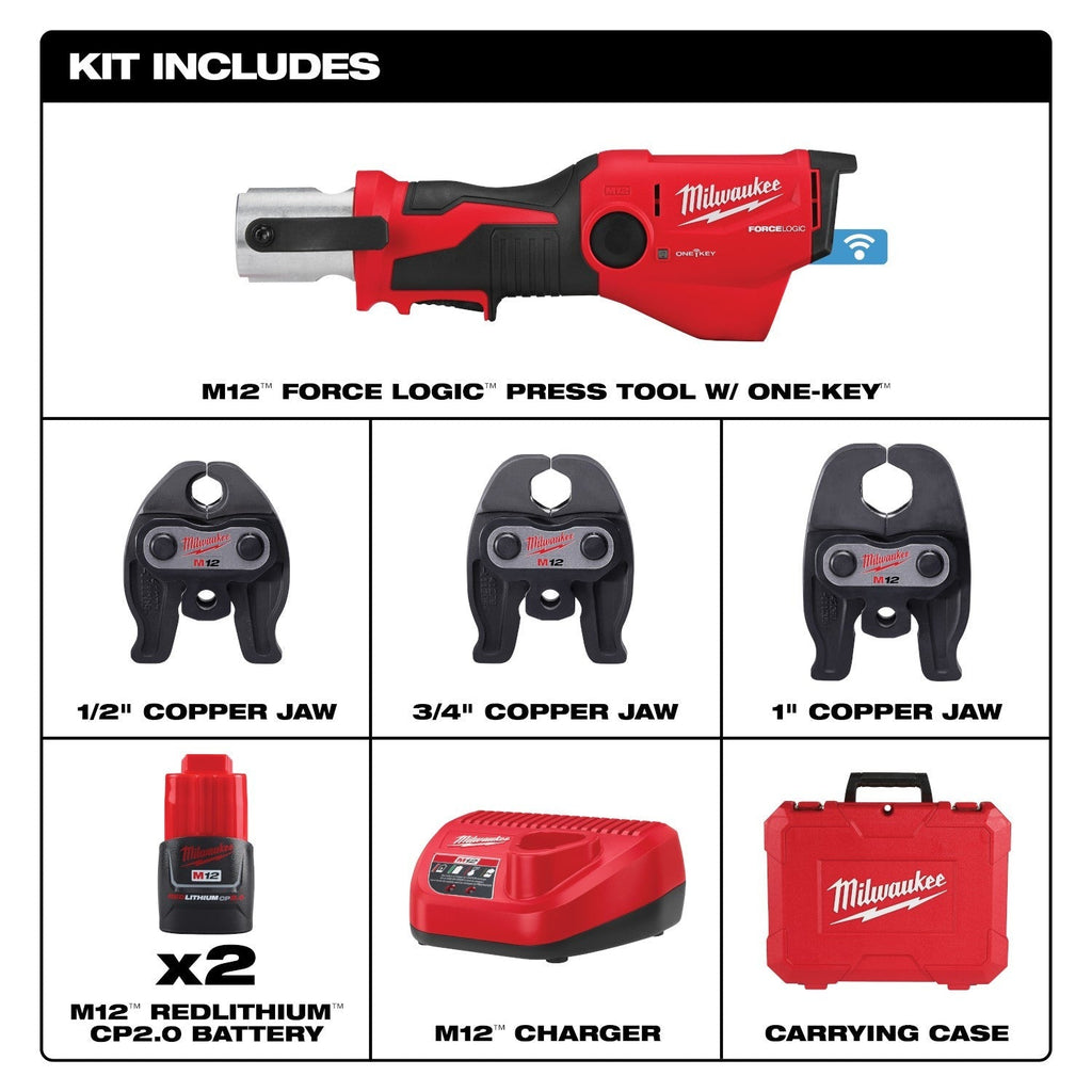 Milwaukee 2573-22 M12 FORCE LOGIC Press Tool Kit w/ ONE‐KEY with 1/2" – 1" CTS‐V Jaws