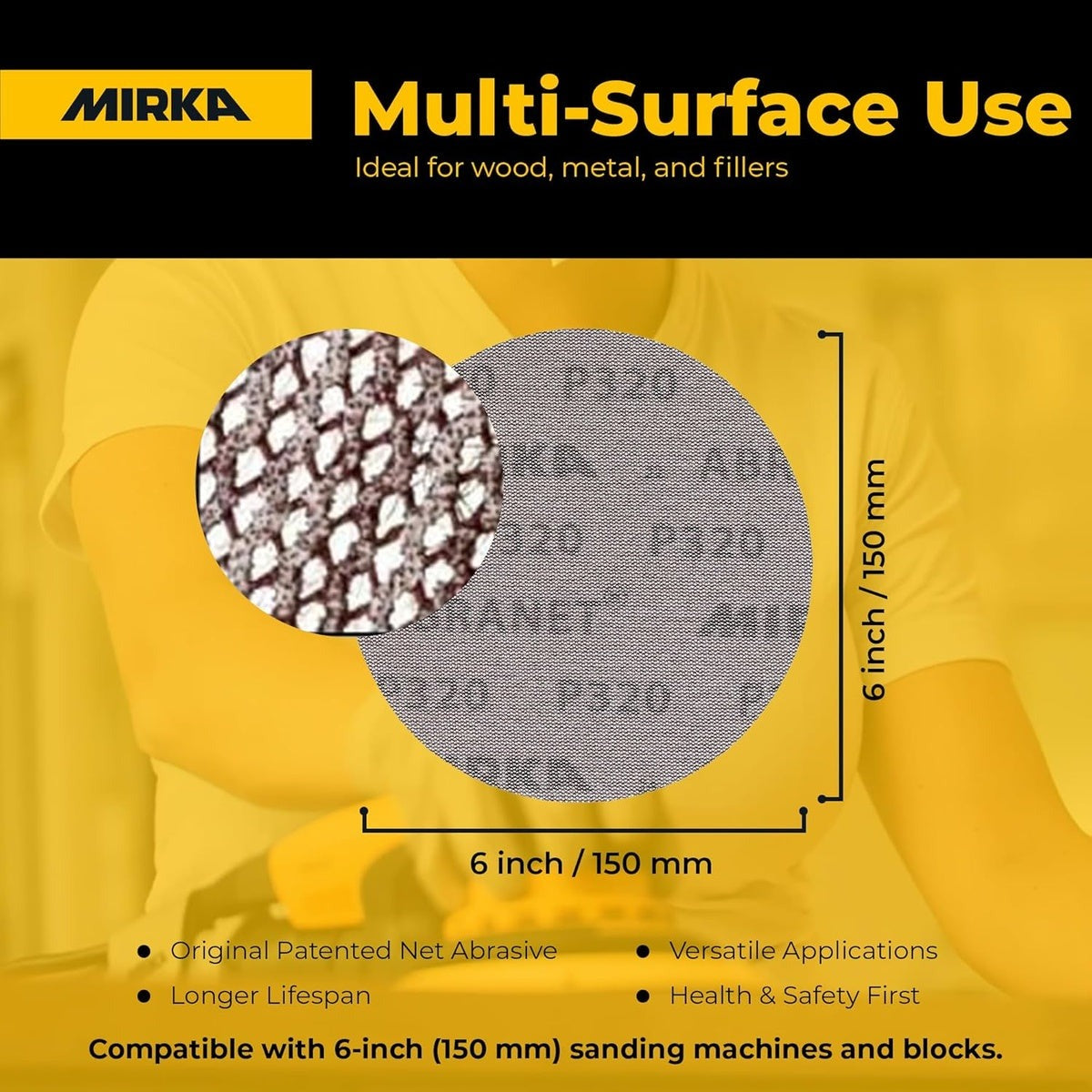 Mirka Abranet 6-in. 180 Grit Hook and Loop Mesh Sanding Discs, 50-Pack (9A-241-180)