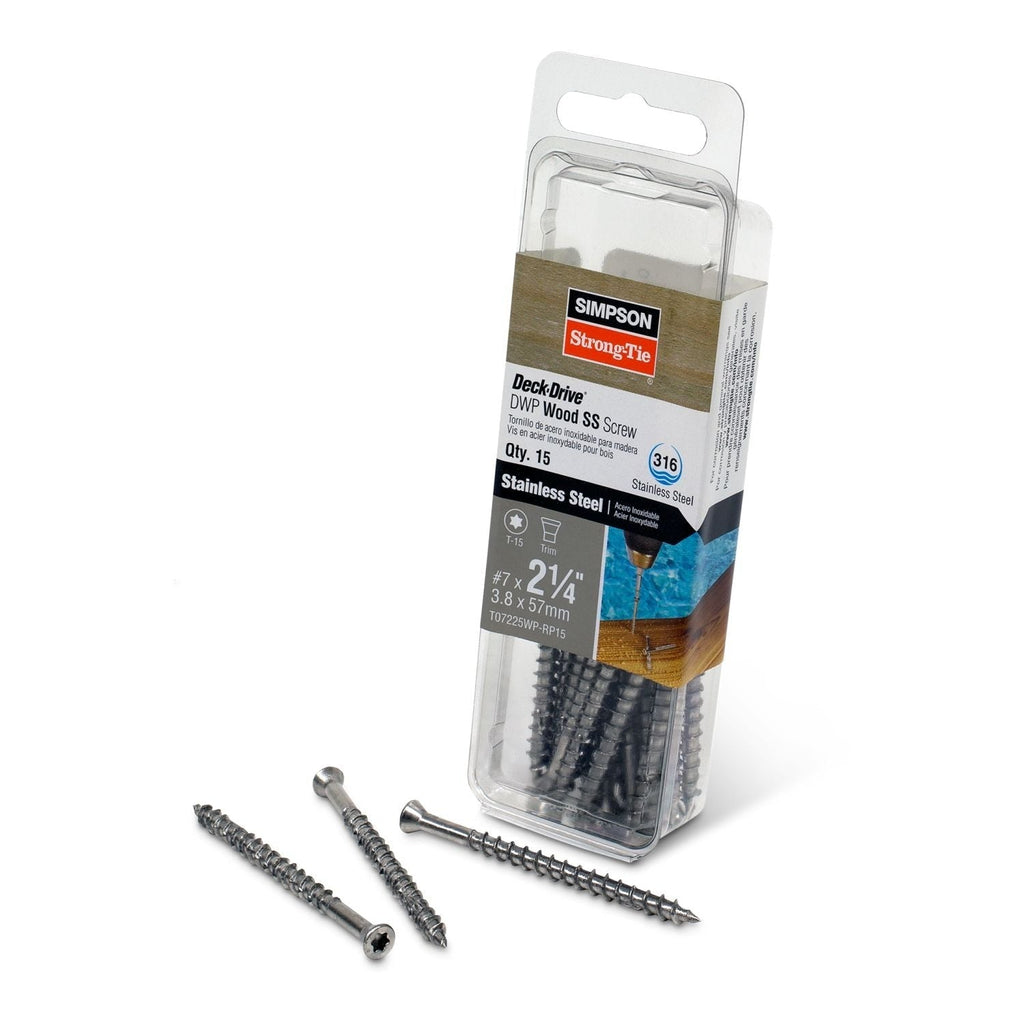 Simpson Strong-Tie T07225WP-RP15 Deck-Drive DWP WOOD SS Screw, #7 x 2-1/4-in. T-15, Trim Head, Type 316, 15-Pack