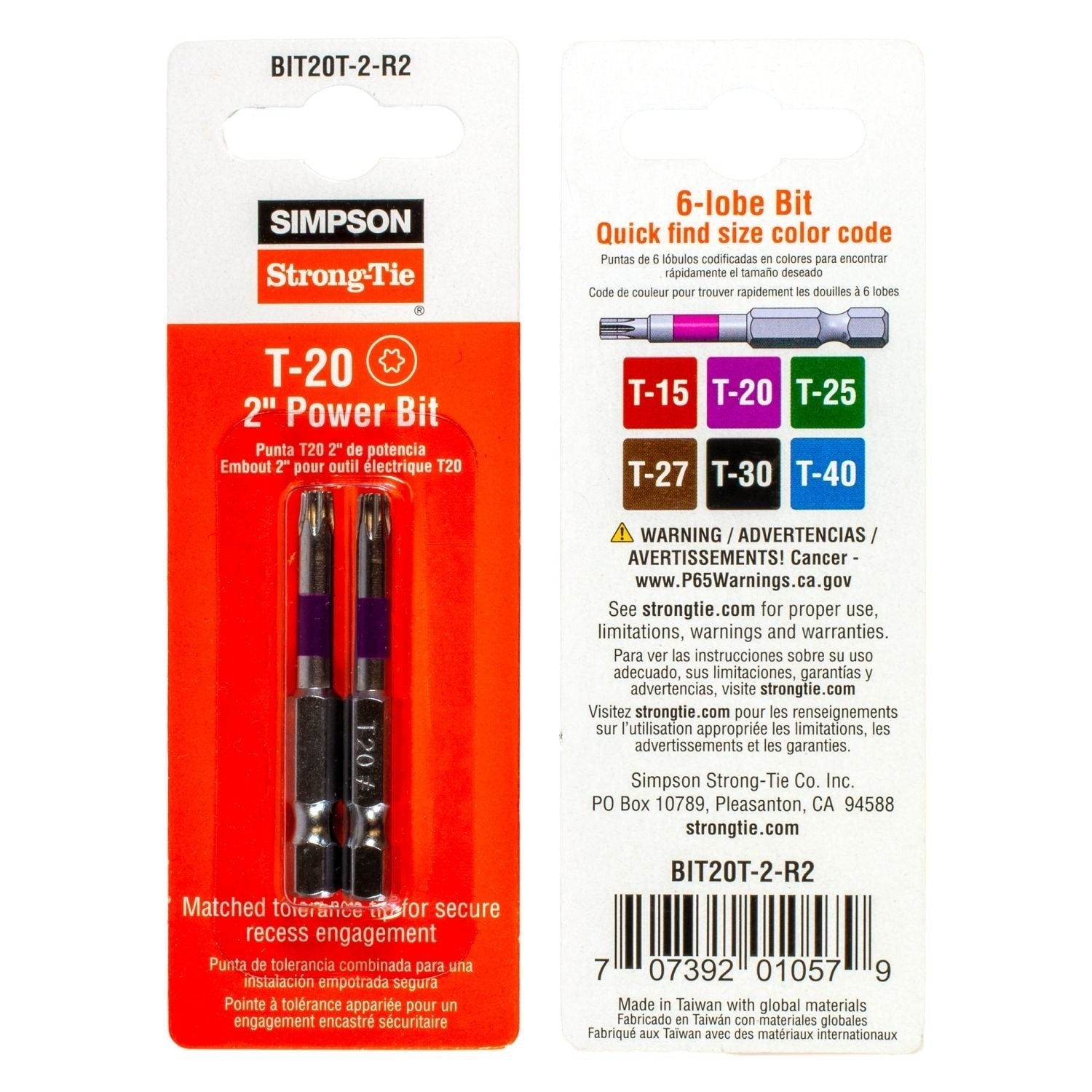 Simpson Strong-Tie BIT20T-2-R2 T20 6-Lobe-Drive 2-in. Power Bit, 2-Pack