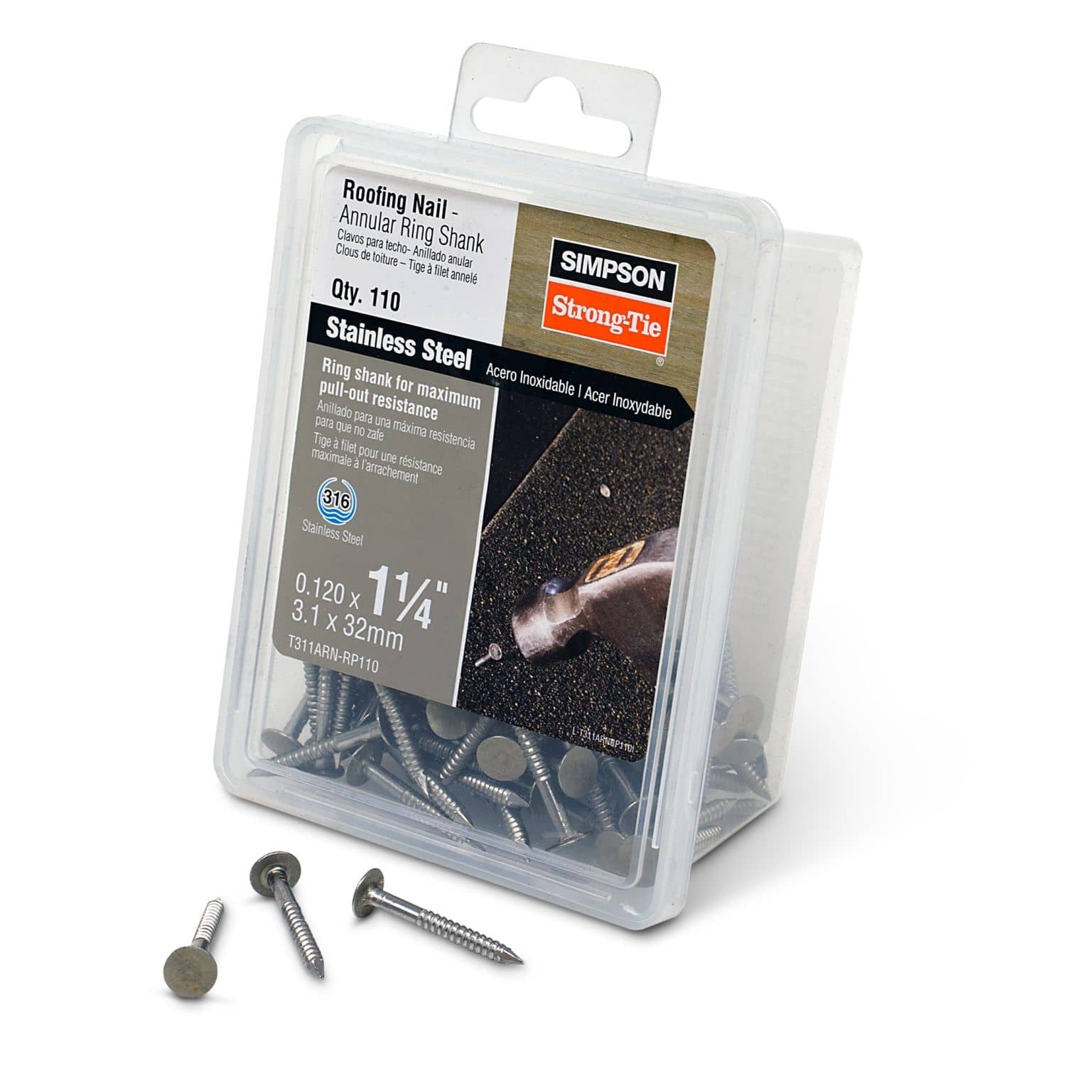 Simpson Strong-Tie T311ARN-RP110 Roofing Nail, Annular Ring Shank, 1-1/4-in. x .120-in. Type 316 Stainless Steel, 110-Pack