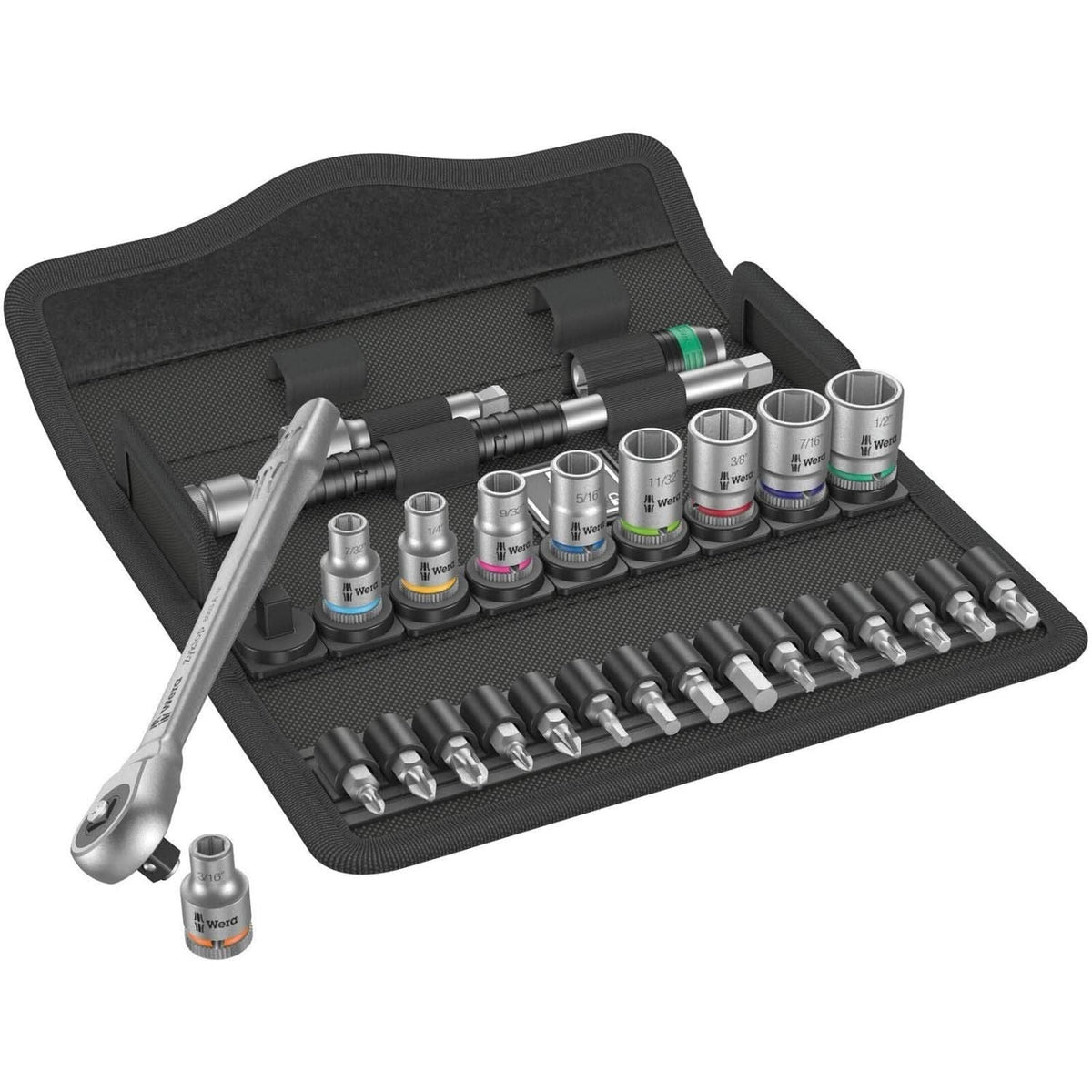 Wera 8100 Sa 10 Zyklop Metal Ratchet Set With Push-Through Square, 1/4-in. Drive, Imperial, 28-Pieces
